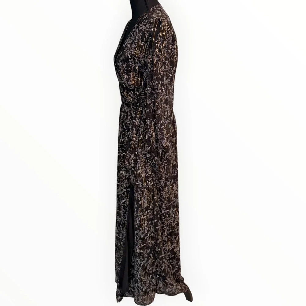 BTFL‑Life Black Gold Metallic Floral Wrap Maxi Dress Long Sleeve Slit Size Small